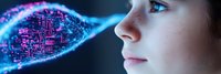 Young woman profile with glowing digital wave pattern in neon blue and pink colors against dark background representing artificial intelligence and future technology.