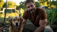 Middle-aged Caucasian man with beard sitting with golden retriever dog in sunny garden setting for pet care and companionship lifestyle content.