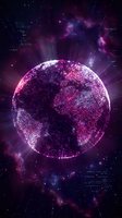 Futuristic digital planet with glowing purple particles and cosmic rays in deep space nebula background for technology and science fiction concepts.