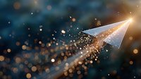 Paper airplane soaring through magical bokeh lights with sparkling particle trail against dark blue background for creative projects.