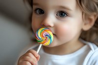 Close up portrait of young caucasian toddler with blonde hair and blue eyes enjoying colorful rainbow swirl lollipop candy against blurred background.