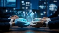 Business hands holding holographic team of professionals in corporate office environment representing human resources management and leadership development.