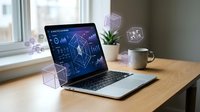 Modern laptop displaying financial analytics dashboard with holographic data visualization elements floating above screen on wooden desk workspace.