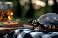 Small turtle on checkered picnic blanket outdoors with blurred bokeh lights and snacks in background, creating cozy summer atmosphere at sunset.