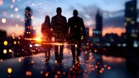 Silhouettes of business people against urban sunset skyline with bokeh light effects and reflections creating atmospheric cityscape mood for corporate concepts.