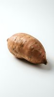 Single whole sweet potato with brown skin and small sprouts on white background, suitable for food and nutrition content.