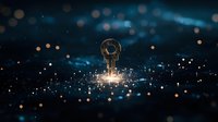 Glowing light bulb on dark background with magical sparkles and bokeh effects creating mystical atmosphere. Concept of innovation and creative ideas.