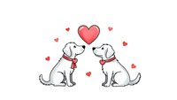 Two adorable dogs sitting face to face with red heart above and small hearts around them on white background. Romantic pet love concept for Valentine's Day.