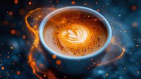 Glowing coffee cup with latte art heart pattern surrounded by magical light trails and bokeh effects on dark background, creating mystical beverage atmosphere.