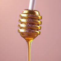 Golden honey dipper with dripping honey and glitter sparkles on pink background, macro close-up shot showing texture and viscosity of natural sweetener.