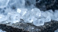 Translucent polyhedral dice set with numbered faces arranged on a dark stone surface, surrounded by frost and ice crystals, suitable for tabletop gaming, role-playing campaigns, and fantasy entertainment.