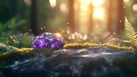 Raw amethyst crystal on moss covered stone in magical forest setting with golden sunbeams and bokeh lights creating ethereal atmosphere for spiritual and nature concepts.