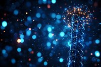 Glowing spiral light pole against dark background with blue bokeh effect and sparkles creates magical nighttime atmosphere for holiday designs.