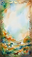 Watercolor western landscape frame with horses running through countryside, decorative border with horseshoes and rope elements for rustic design projects.