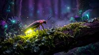 Glowing firefly with bright yellow light resting on mossy forest log in magical purple twilight atmosphere with sparkling particles and mystical glow.