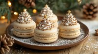 Festive Christmas tree macarons with cream filling and gold star decorations on wooden plate surrounded by pine cones and warm lights for holiday baking.