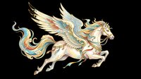 Majestic winged horse with flowing mane and tail in gold, blue, and orange tones, isolated on transparent background. Ready for t-shirts, clipart, stickers, and print-on-demand designs.