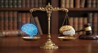 Golden scales of justice balancing digital brain and human brain in law library setting representing artificial intelligence versus human intelligence in legal system.