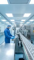Pharmaceutical technician in sterile cleanroom operating automated production line equipment for drug manufacturing in modern laboratory facility.