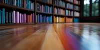 Blurred library interior with wooden floor in foreground and colorful book spines on shelves creating bokeh effect. Shallow depth of field captures reading atmosphere.