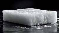 White sugar cube block on dark surface with granulated crystals scattered around for cooking and baking ingredients concept.