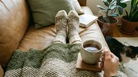 Cozy home relaxation scene with woolen socks, warm tea cup, knit blanket, and a cat on a leather sofa surrounded by plants.
