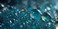 Sparkling water droplets and bubbles on turquoise surface with bokeh lights creating magical aquatic atmosphere for wellness and beauty concepts.