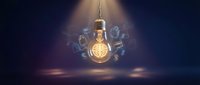 Glowing vintage light bulb with floating digital icons representing innovation, technology and creative ideas in dark atmospheric setting.