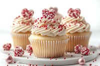 Vanilla cupcakes with white frosting topped with red and white candy decorations on white plate for Valentine's Day celebration dessert treats.