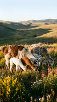 Herd of goats grazing on wildflower meadow in rolling hills landscape with golden grassland and mountains in background during sunny day.