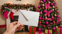 Hand holding white envelope in festive Christmas living room with decorated tree, stockings and holiday lights creating warm seasonal atmosphere.