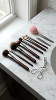 Professional makeup brush set with beauty blender and eyelash curler arranged on marble surface near window for cosmetic application and beauty routine.