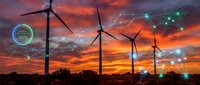 Wind turbines at dramatic sunset with glowing digital network overlays showing energy efficiency data, symbolizing smart renewable power technology.