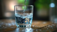 Clear water pouring into drinking glass creating dynamic splash and ripples on wooden surface with soft bokeh background, macro photography for beverage and freshness concept.