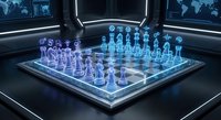 Futuristic holographic chess set with glowing blue pieces on transparent board in high-tech control room with digital displays and world maps.