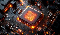 Glowing microprocessor on circuit board with orange light effect, close-up view of computer chip technology showing electronic components and circuitry patterns.