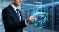 Professional businessman in dark suit touching futuristic holographic thank you interface with glowing blue digital elements in modern office environment.