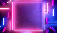 Glowing neon frame with pink and blue lights on dark background, geometric pattern of illuminated tubes creating modern nightclub atmosphere with space for text.