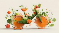 Bicycle made from fresh vegetables and fruits with orange wheels, cucumber frame, and carrot handlebars on light background.