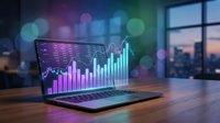 Modern laptop displaying financial charts and trading data with colorful bokeh lights in contemporary office setting for business analytics presentations.