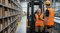 Two warehouse workers in safety vests discussing operations near forklift in modern distribution center with organized shelving systems.