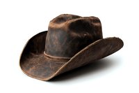 Weathered brown leather cowboy hat with distressed finish and classic western shape isolated on white background for country and western design projects.