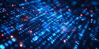 Digital matrix with glowing blue binary code and red light effects on dark background, representing data flow and cyber technology concepts.