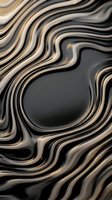 Fluid liquid metal waves with gold and silver stripes flowing around dark void space, creating abstract organic motion and contemporary luxury design backdrop.