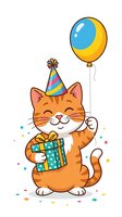 Orange tabby cat wearing striped party hat holding gift box and blue balloon, isolated on white background for greeting cards, invitations, and celebration designs.