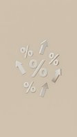 White percentage symbols and upward arrows arranged in circular pattern on neutral beige background, representing growth, increase, profit margins, and financial success for business and marketing.