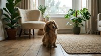 Golden retriever dog sitting on wooden floor in cozy living room with houseplants, armchair and natural light from window for pet care content.