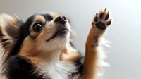 Playful Chihuahua dog raising paw against light background, close-up portrait showing expressive face and paw pad details in warm brown and white colors.