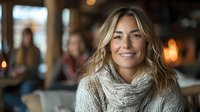 Beautiful young woman with blonde wavy hair wearing cozy white knit scarf smiling warmly in cafe setting with soft bokeh background, perfect for lifestyle and winter fashion content.