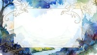 Watercolor frame border with ornate flourishes and blue green paint splashes on white background for invitations and greeting cards.